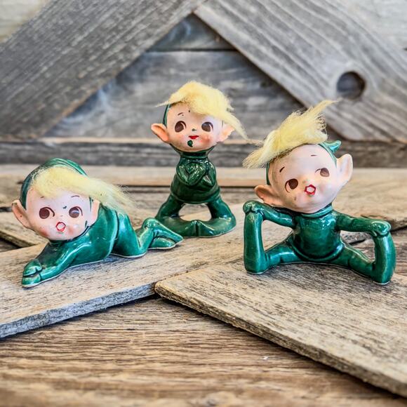1950's Kelvin's Green Pixie Elves w/ Yellow Hair-Set of 3-Made in Japan-Whimsy - Picture 1 of 9